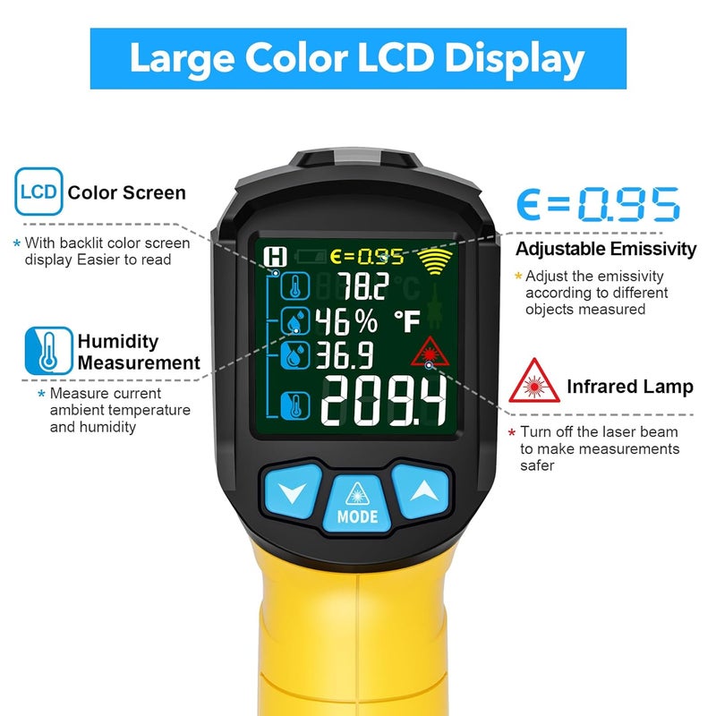 Temirup Infrared Thermometer Gun, Non Contact Digital Laser Temperature Gun with K-Probe for Industrial, Cooking, Griddle,Engine, HVAC, Humidity,Adjustable Emissivity -58°F to 1472°F(-50~800°C) - Image 4